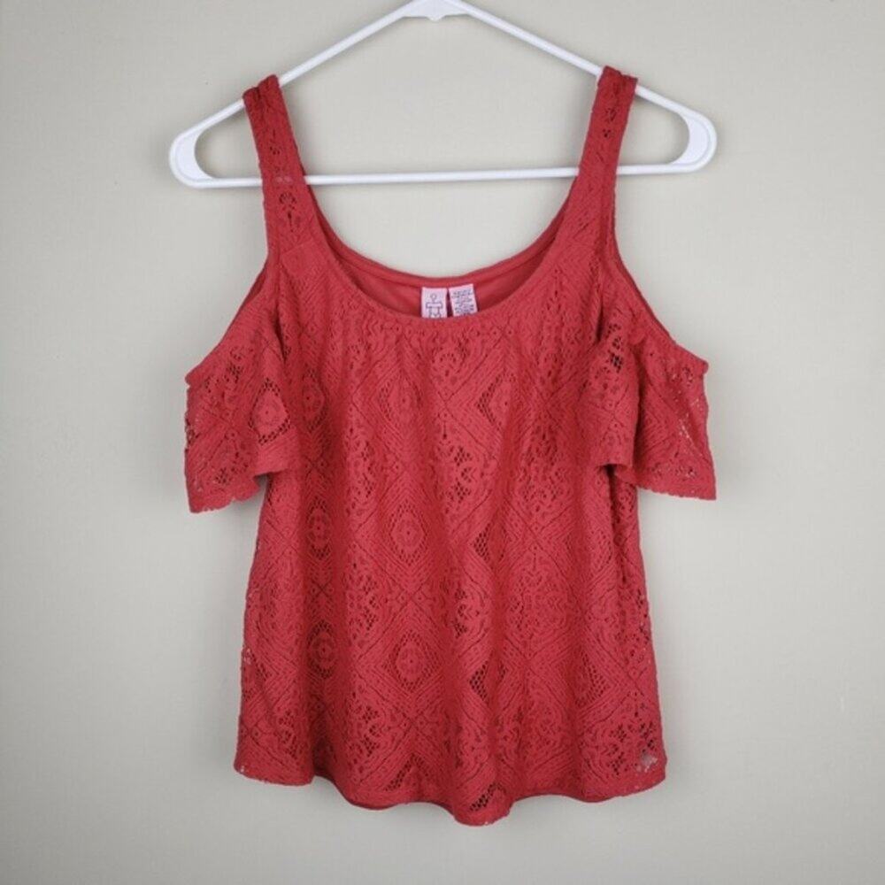 Love on a Hanger Junior's Short Sleeve Eyelet Overlay Cold Shoulder Top Small S